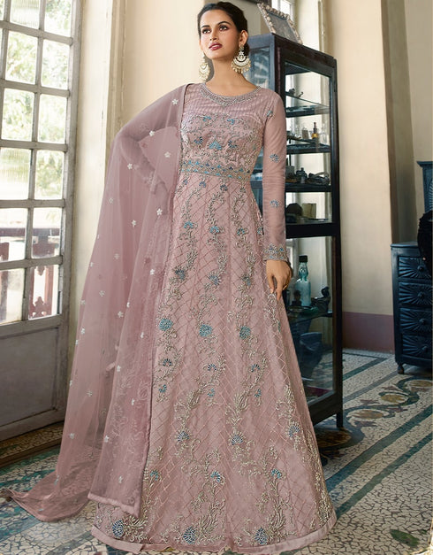 Dusty Pink Anarkali style Anarkali Semi-Stitched Suits Salwar Kameez in Cording Embroidery, Sequins & Lace Work
